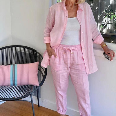 Solid Cotton-Linen Casual Women's Two-Piece Set