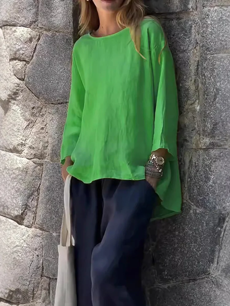Women's Solid Colour Cotton Linen Long Sleeve Shirt