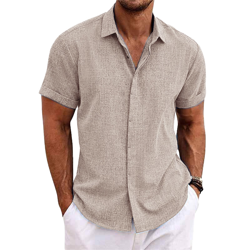 Men's Solid Colour Lapel Cotton Linen Short Sleeve Shirt