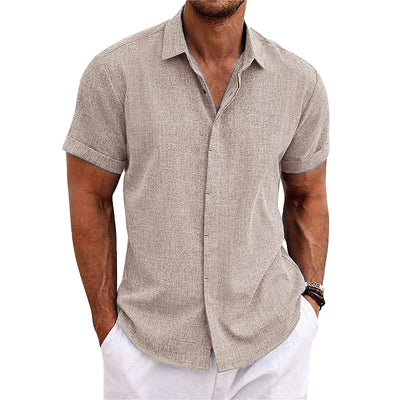 Men's Solid Colour Lapel Cotton Linen Short Sleeve Shirt