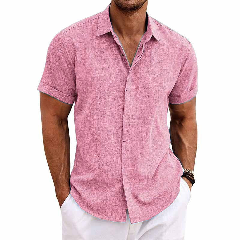 Men's Solid Colour Lapel Cotton Linen Short Sleeve Shirt