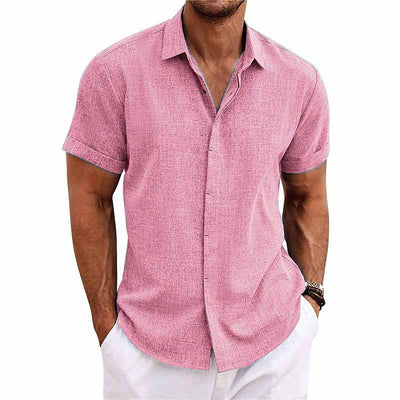 Men's Solid Colour Lapel Cotton Linen Short Sleeve Shirt