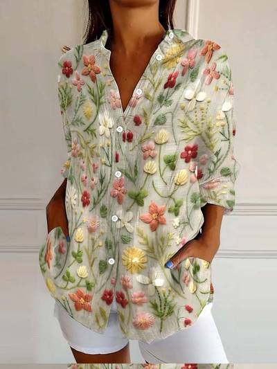 Women's Embroidered Floral Pattern Linen Blend Shirt