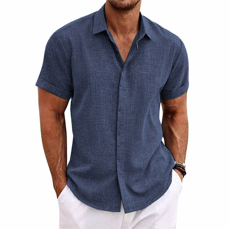 Men's Solid Colour Lapel Cotton Linen Short Sleeve Shirt