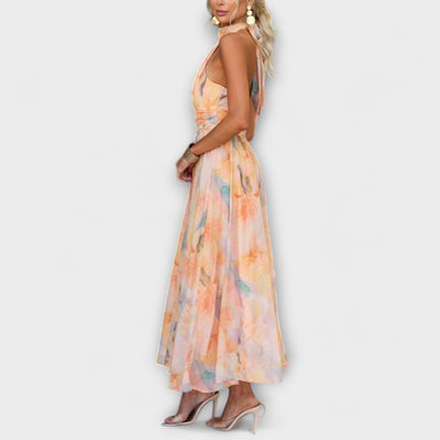 Maxi-jurk met halternek en aquarelprint