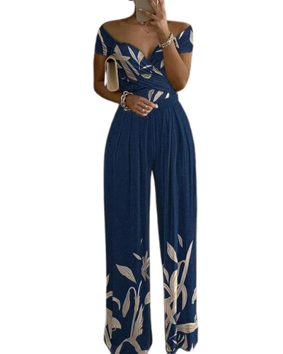 Women's Tropical Print Off-Shoulder Wide-Leg Jumpsuit