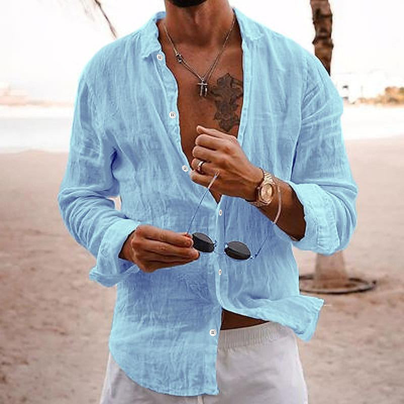 Men's Casual Solid Colour Lapel Cotton Linen Long-Sleeved Shirt