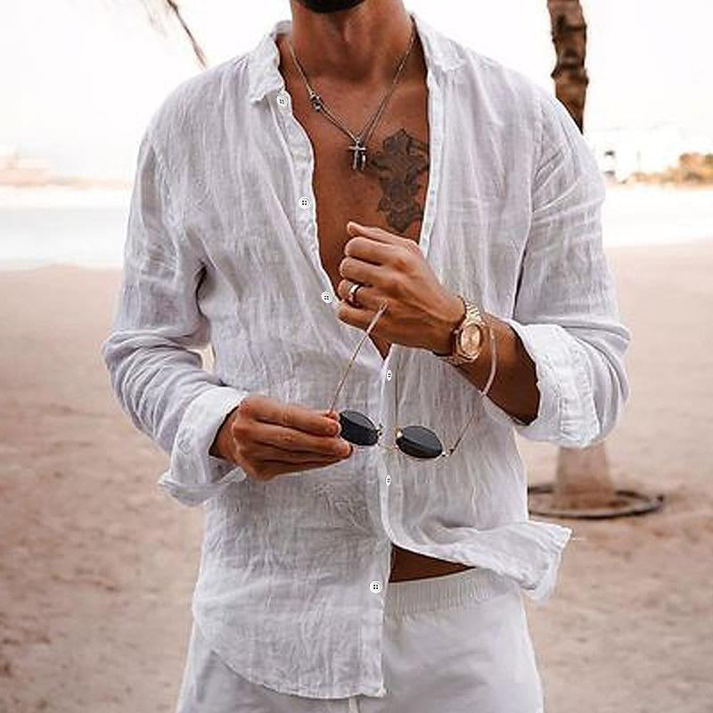 Men's Casual Solid Colour Lapel Cotton Linen Long-Sleeved Shirt