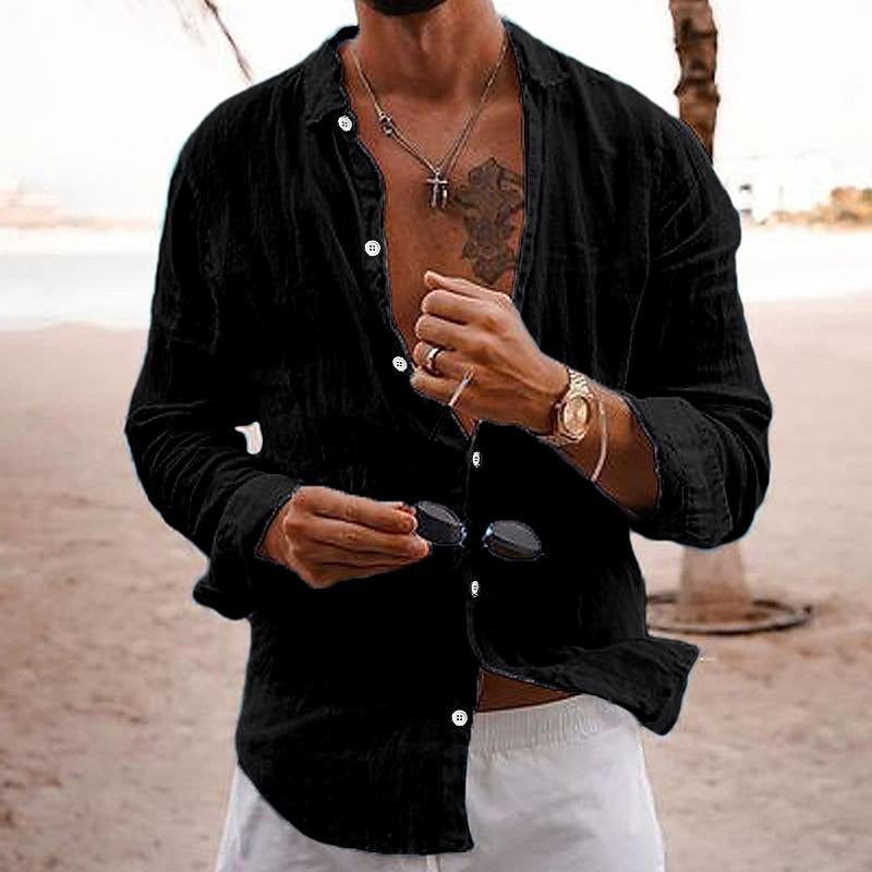 Men's Casual Solid Colour Lapel Cotton Linen Long-Sleeved Shirt