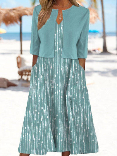 Fresh Print V-Neck Midi Dress with Jacket