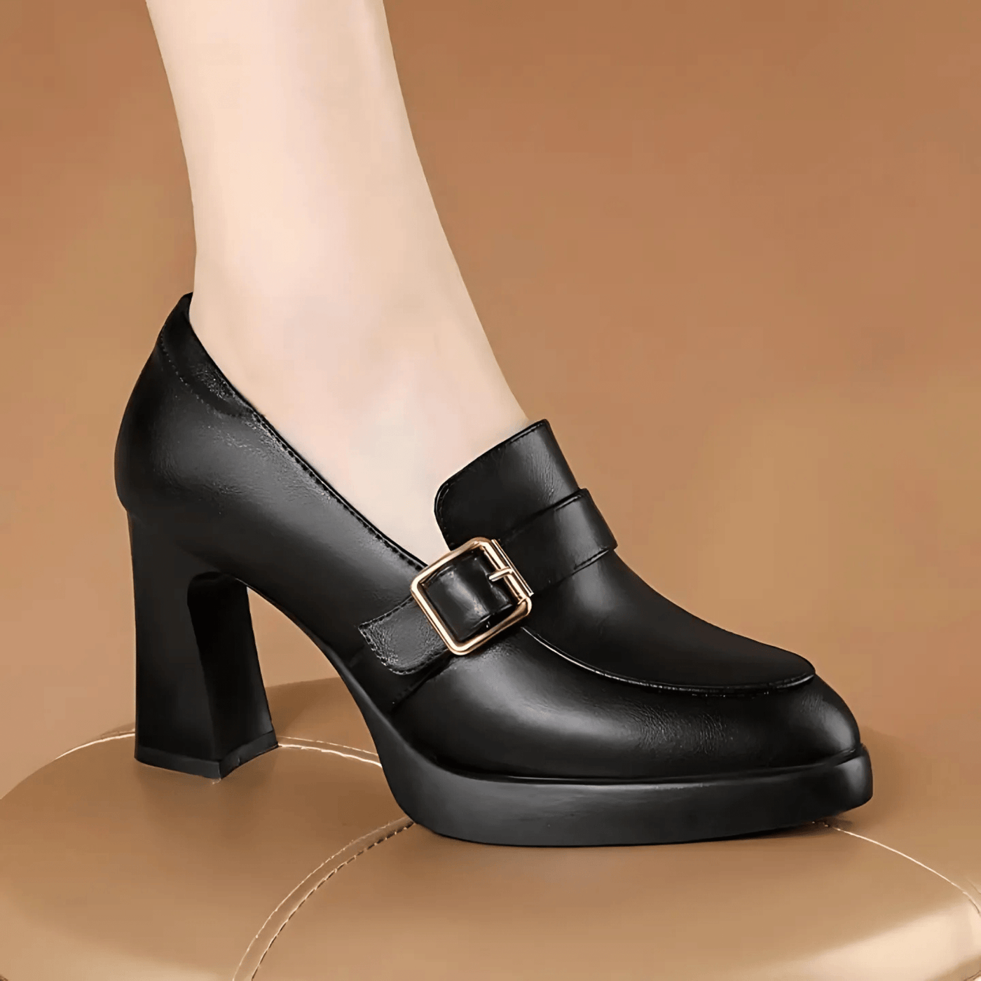 Luna Noir – High Heel Loafers with Buckle