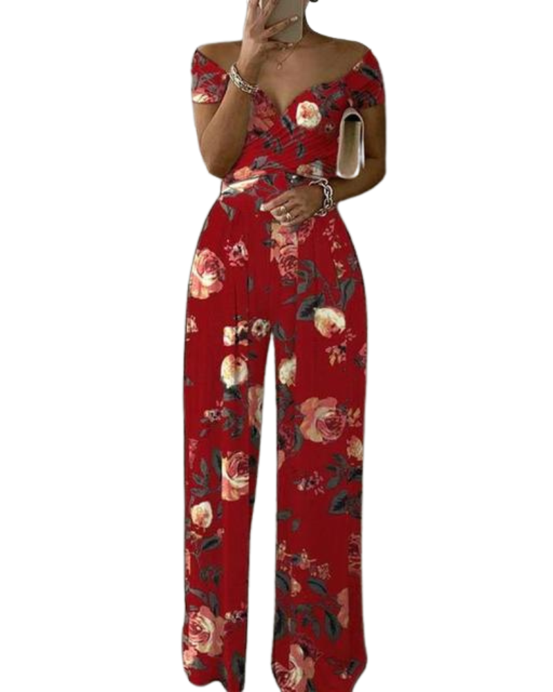 Women's Tropical Print Off-Shoulder Wide-Leg Jumpsuit