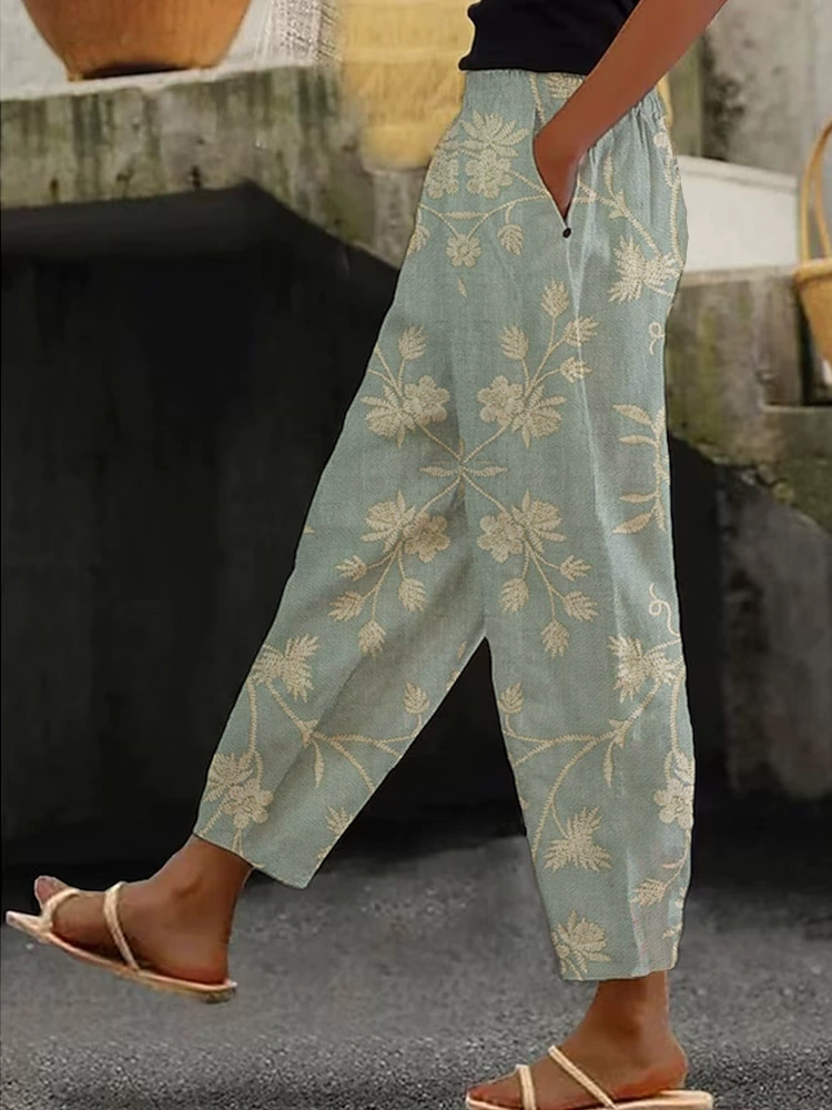 Women's Floral Print Casual Trousers with Pockets