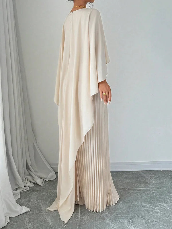 High-Low Cape Maxi Dress with Pleats & Round Neck