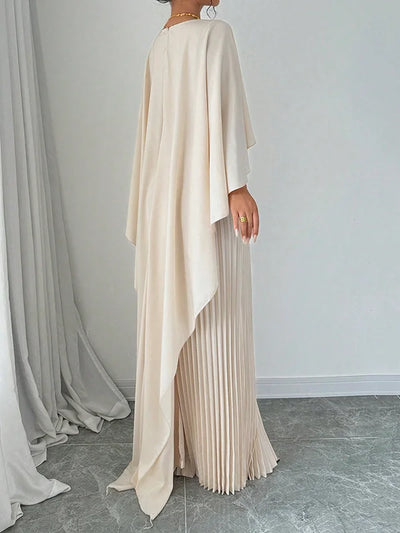 High-Low Cape Maxi Dress with Pleats & Round Neck