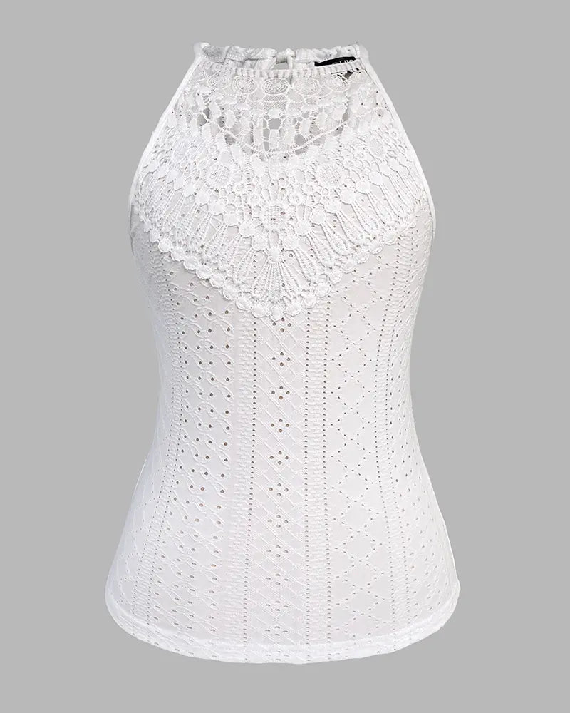 Lace Trim Halter Jacquard Knit Top