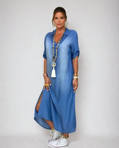 Lea™ | Lange Jurk in Denimlook met Zijsplit