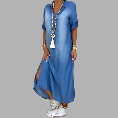 Lea™ | Lange Jurk in Denimlook met Zijsplit