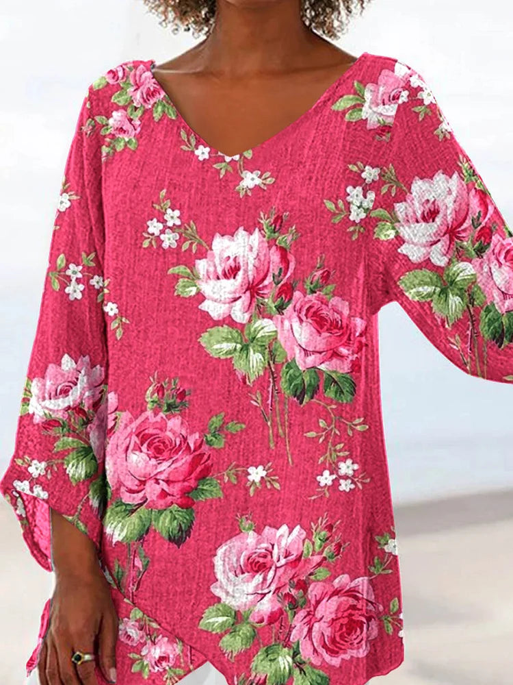 Women's Rose Floral Cotton-Linen V-Neck Top