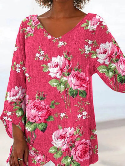 Women's Rose Floral Cotton-Linen V-Neck Top