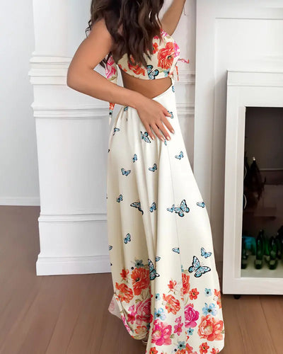 Floral Lace-Up Backless Maxi Dress