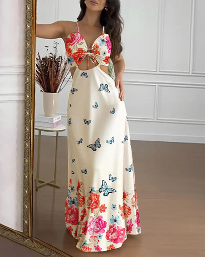 Floral Lace-Up Backless Maxi Dress