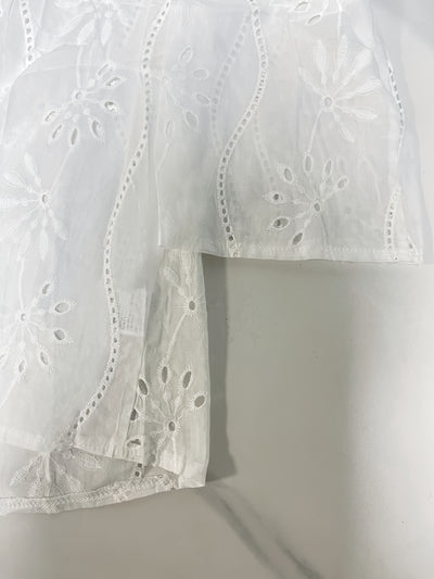 White Floral Embroidered Blouse with Split Detail