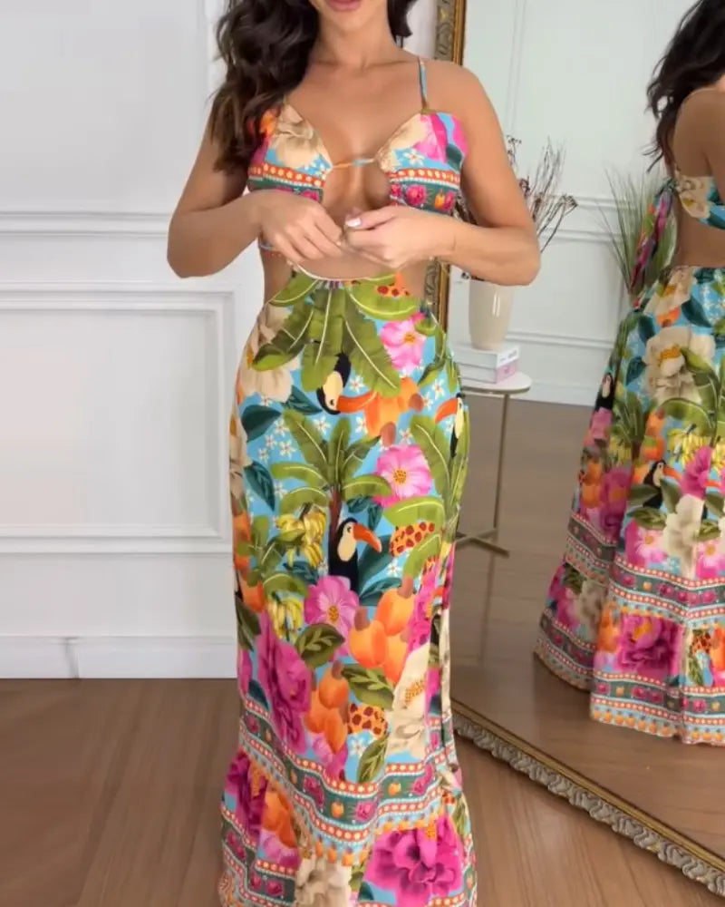 Floral Lace-Up Backless Maxi Dress