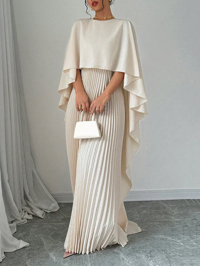 High-Low Cape Maxi Dress with Pleats & Round Neck