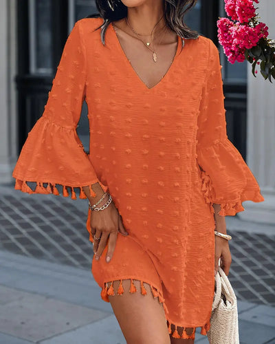 Large Swiss Dot V-Neck Bell Sleeve Mini Dress