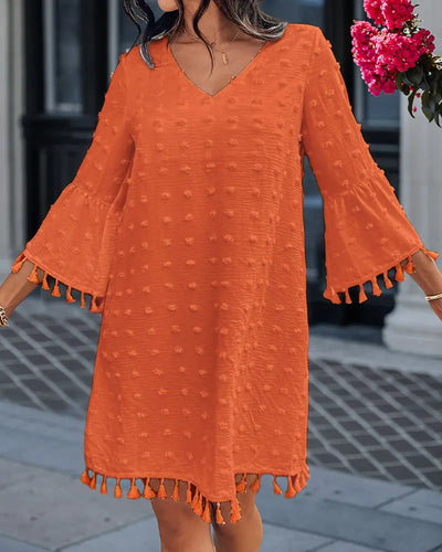 Large Swiss Dot V-Neck Bell Sleeve Mini Dress