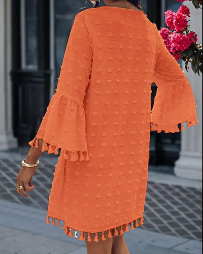 Large Swiss Dot V-Neck Bell Sleeve Mini Dress