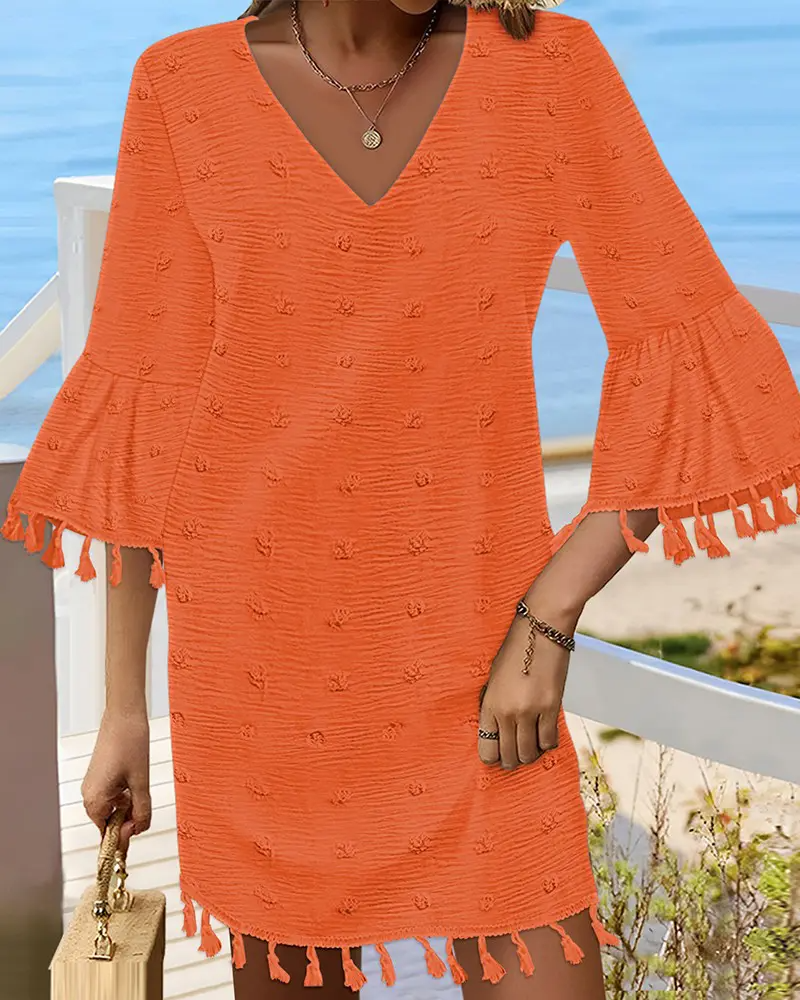 Large Swiss Dot V-Neck Bell Sleeve Mini Dress