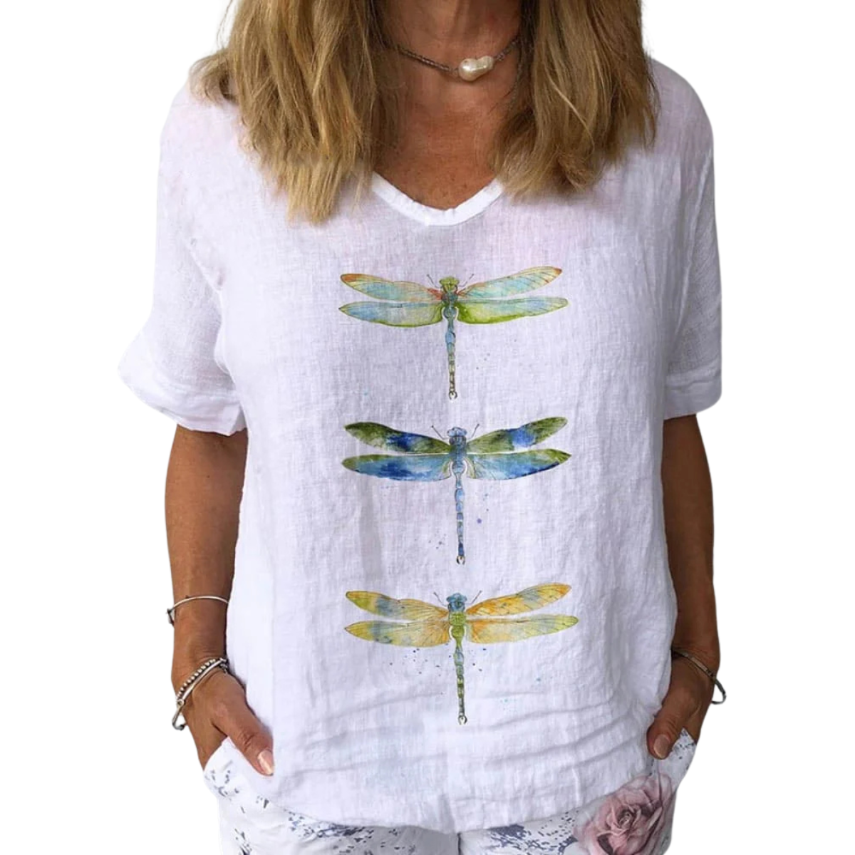 Women's Dragonfly Print Linen Short Sleeve Top