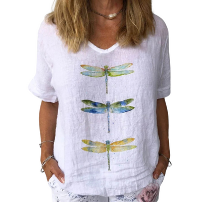 Women's Dragonfly Print Linen Short Sleeve Top