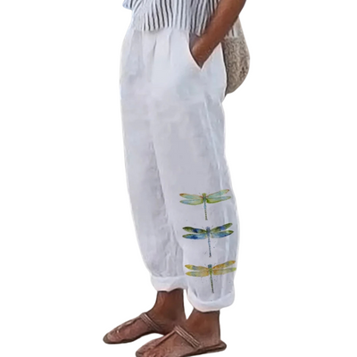 Women's Dragonfly Print Cotton & Linen Trousers