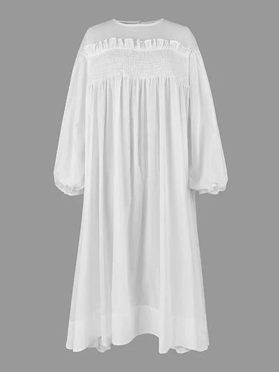A-Line Mesh Pleated Midi Dress with Sheer Details