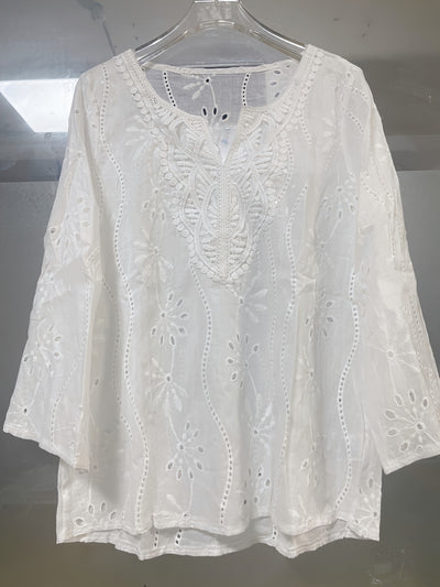 White Floral Embroidered Blouse with Split Detail