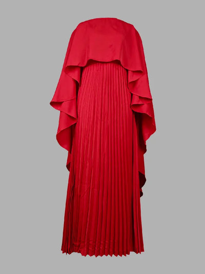 High-Low Cape Maxi Dress with Pleats & Round Neck