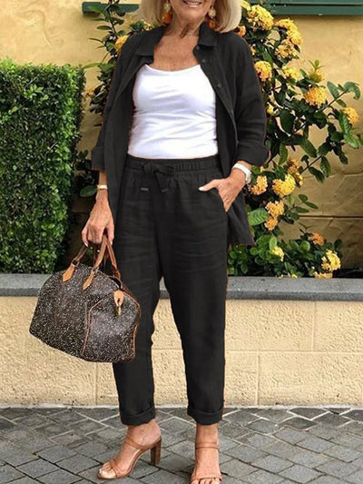 Solid Cotton-Linen Casual Women's Two-Piece Set