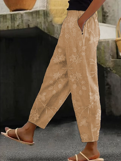 Women's Floral Print Casual Trousers with Pockets