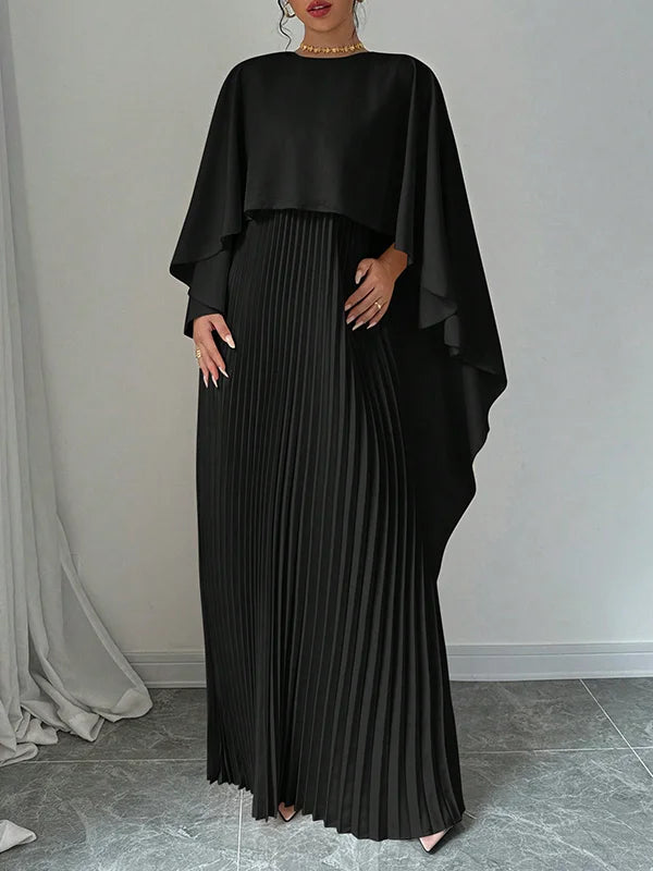 High-Low Cape Maxi Dress with Pleats & Round Neck
