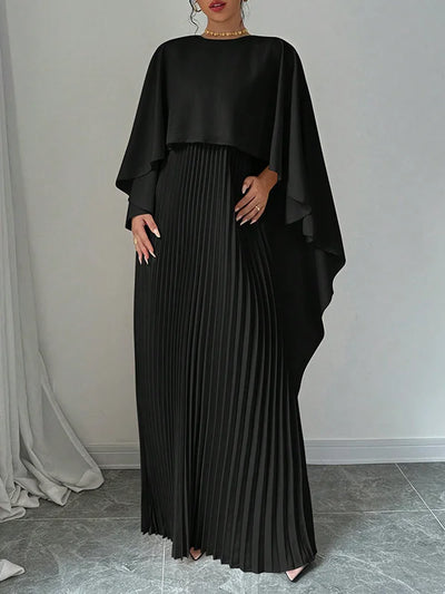 High-Low Cape Maxi Dress with Pleats & Round Neck
