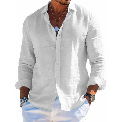 Men's Cotton and Linen Casual Solid Colour Lapel Shirt