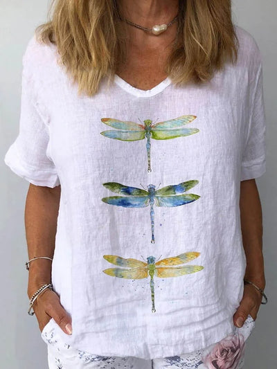 Women's Dragonfly Print Linen Short Sleeve Top