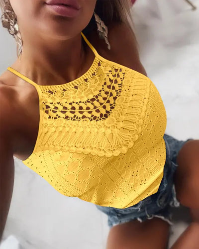 Lace Trim Halter Jacquard Knit Top