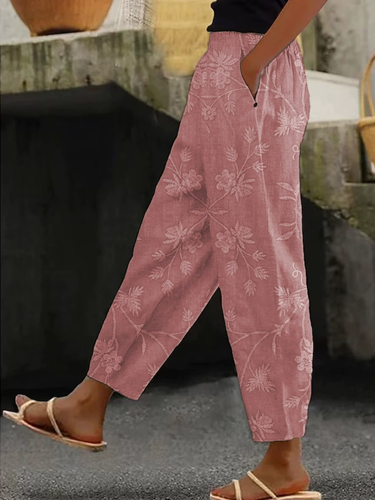 Women's Floral Print Casual Trousers with Pockets