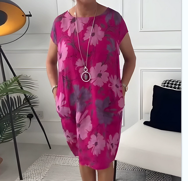 Elegant Floral Art Cotton Tunic Dress