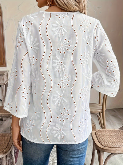 White Floral Embroidered Blouse with Split Detail
