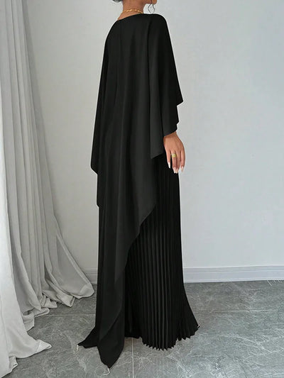 High-Low Cape Maxi Dress with Pleats & Round Neck